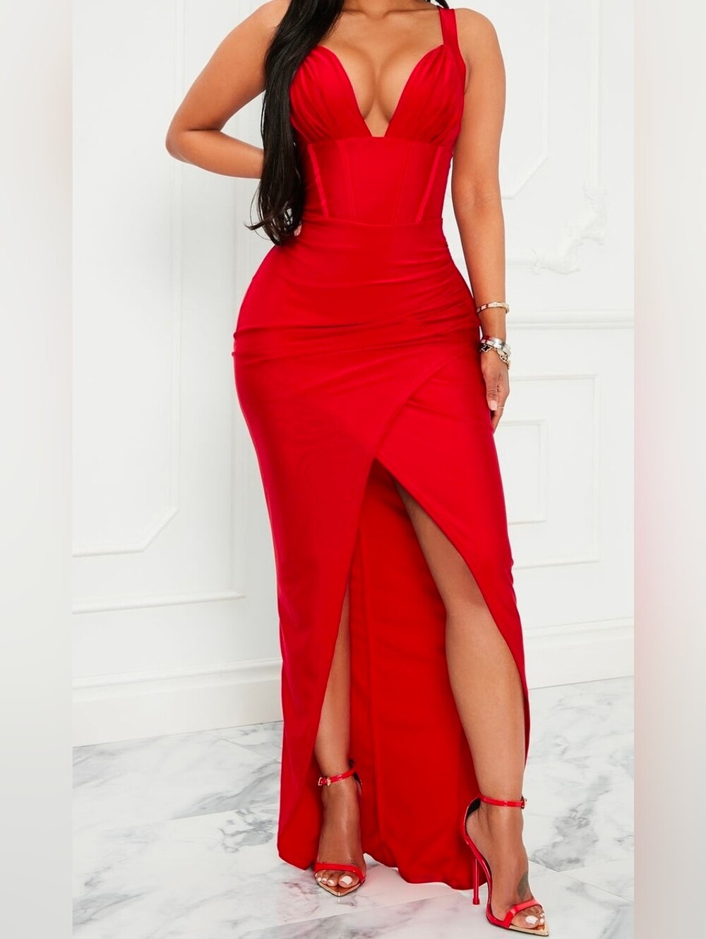 Red Plunge Neck Maxi Dress with Front Slit - Women's Evening Dress